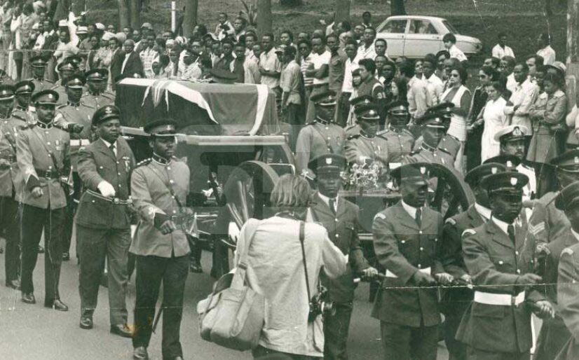 Mzee Jomo Kenyatta's body during his funeral procession in 1978.